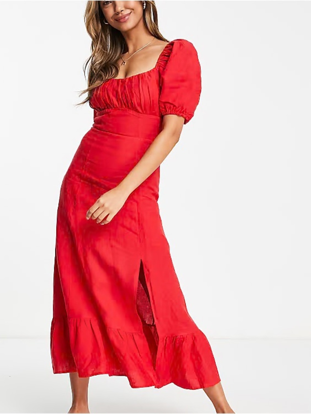 & Other Stories Linen Red Puff-Sleeve Midi Dress